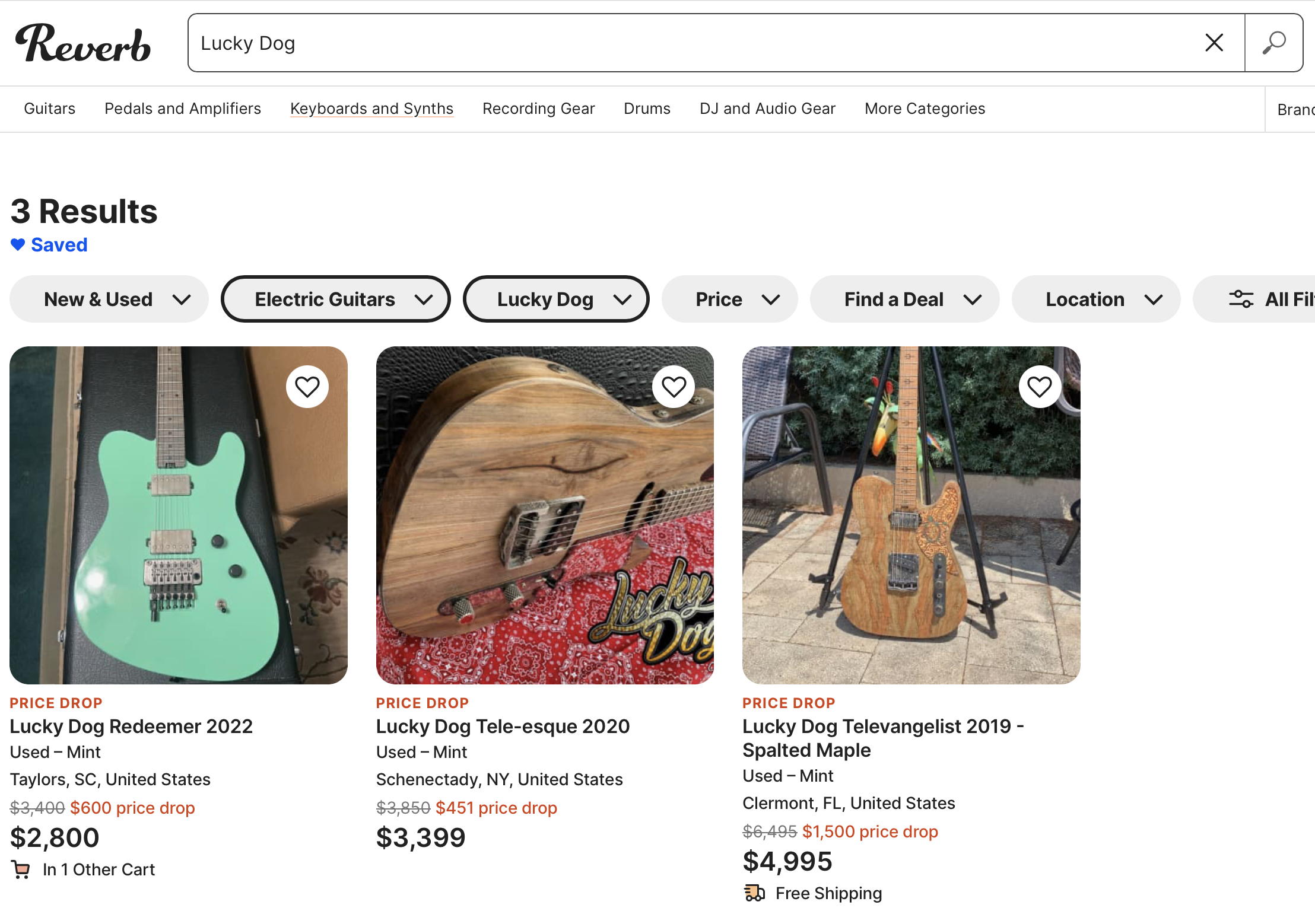 Reverb.com search results for a Lucky Dog guitar.