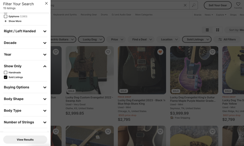 Reverb.com screenshot showing the sold listings search filter checked.