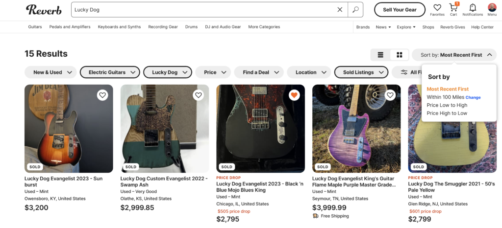 Reverb.com screenshot showing search results sorted by most recent sales.